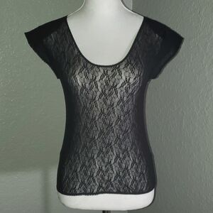 Womens Lace Mesh Black Rounded Neck Short Sleeve Sheer Top.